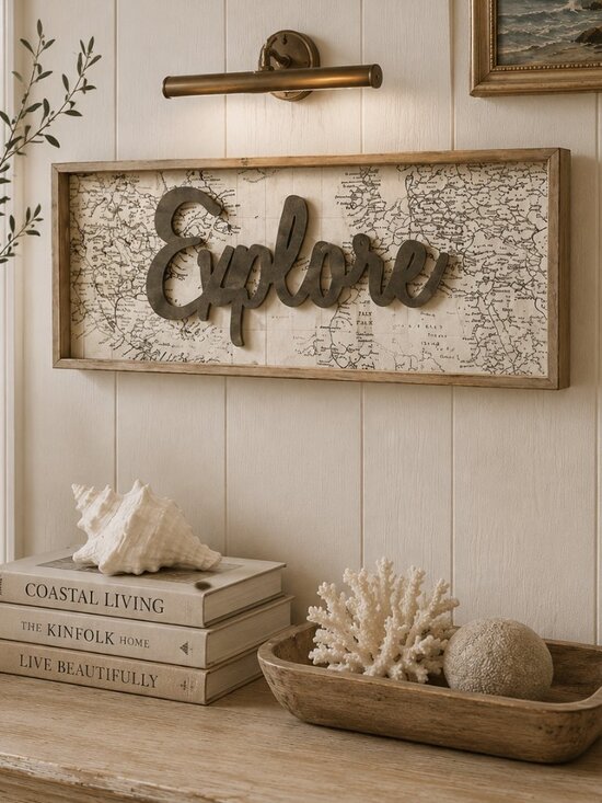 Other - Vintage Framed "Explore" Artwork Wit Map Background Dark 3D Scripted Lettering